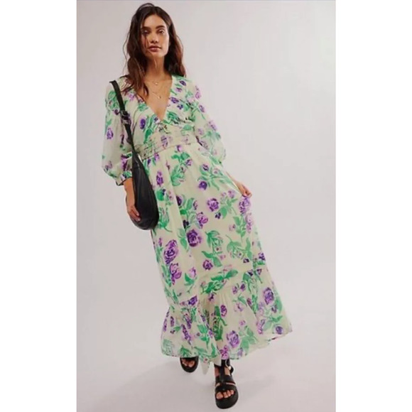 Free People GOLDEN HOUR Hour Smock Floral Maxi Dress Saltwater Combo S NWT $168 - Picture 3 of 7